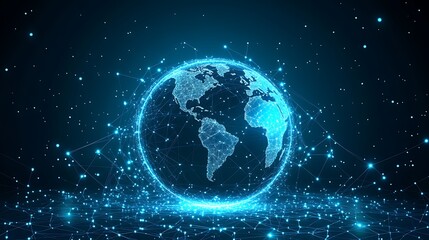 Naklejka premium A glowing earth with intricate digital lines connecting continents, showcasing global communication networks, set against a dark background.