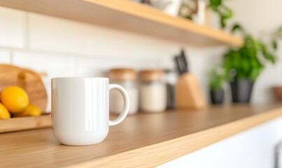 Obraz premium Clean white coffee mug lying on kitchen shelf, Generative AI