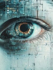 The Eye of Technology: A captivating close-up of an eye peering through layers of privacy shields, symbolizing the intrusion of technology into personal lives, the constant surveillance, and the strug