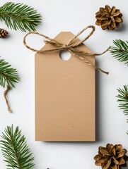 Obraz premium Blank brown gift tag with twine, surrounded by pine branches and pine cones on a white background.