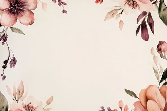 Watercolor Floral Frame for Invitations and Greeting Cards, featuring a delicate border of pink and purple flowers on a beige background. Perfect for weddings, birthdays, and other special occasions.