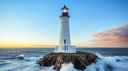 Obraz premium A lighthouse stands on a rocky shore, guiding ships at sunset.