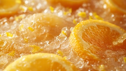 Close-up of glossy orange and lemon popsicles, dripping slightly as they melt, with citrus zest sprinkled over, evoking a cool, zesty feeling