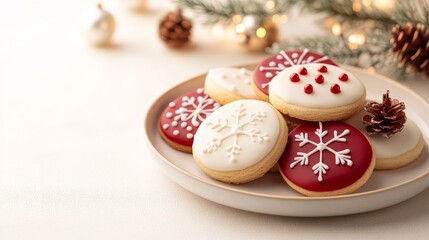 Fototapeta premium Festive holiday cookies decorated with snowflakes and hearts