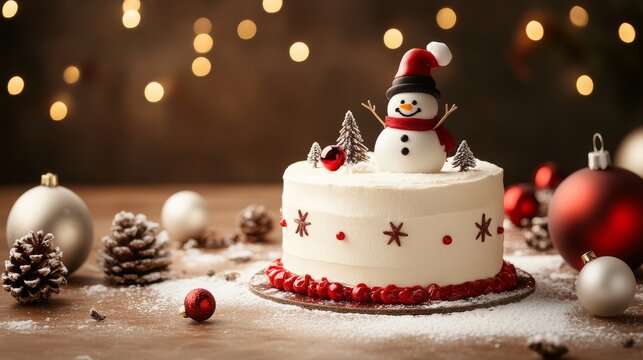 Festive Christmas cake with snowman decoration and ornaments