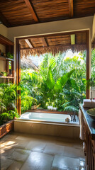 Fototapeta premium luxurious spa like bathroom featuring serene view of lush greenery through large windows. space is designed for relaxation, with natural light enhancing tranquil atmosphere