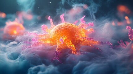 Microscopic view of a vivid, colorful stem cell, enveloped by swirling smoke and glowing neon lights, abstract, high-tech illustration, soft, dreamy details