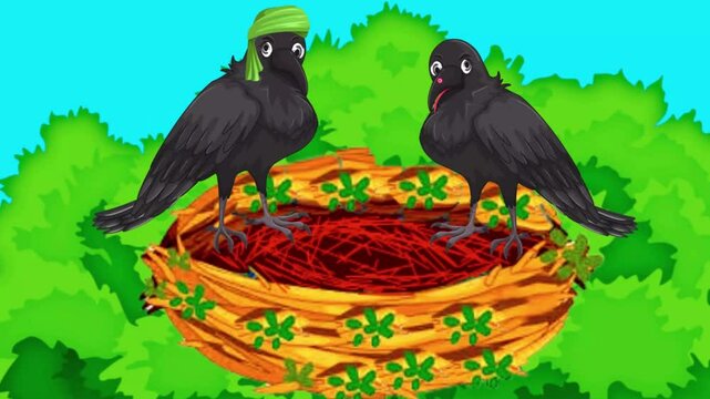 Two crows are sitting in their nest and talking to each other