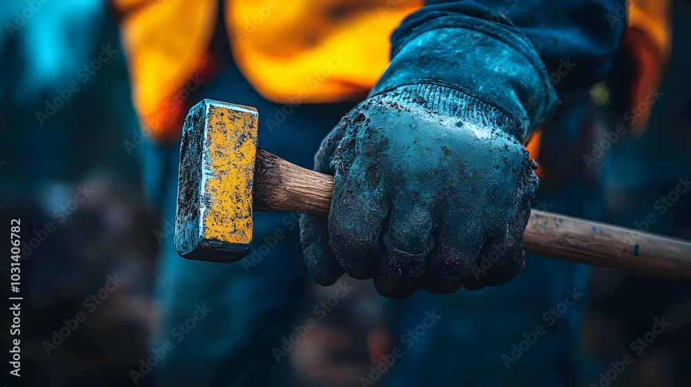 Poster A close-up of a worker's hand gripping a hammer, ready for use.