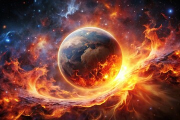 Fiery Planet Rising Through Flames - Epic Cosmic Landscape Photography