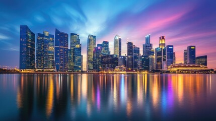 Fototapeta premium Cityscape with Vibrant Reflections at Dusk - Skyscrapers Illuminated, Water Reflects Colors of Sunset, Modern Architecture in a City