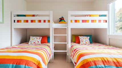 Colorful kids' room with bunk beds and decor.