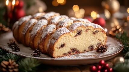 Festive holiday bread with cranberries and powdered sugar