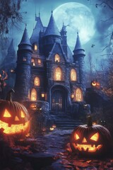 Dark Halloween house with sinister pumpkins, eerie night scene with glowing horror elements.