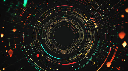 Fototapeta premium Abstract black background with Colorful circle lines. Digital future technology . Abstract business connection of lines from nodes innovation of communication in the network.