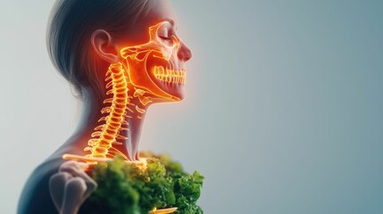 Obraz premium Glowing Skeleton Profile Absorbing Calcium from Vitamin Rich Foods of a human profile with a transparent skeleton radiating from the absorption of calcium and nutrients from dairy products and