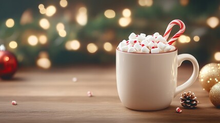 Cozy holiday hot chocolate with marshmallows and candy cane