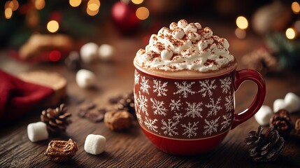 Fototapeta premium Cozy hot chocolate with whipped cream and festive decorations