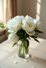 A graceful arrangement of ivory and blush peonies in a clear glass vase, bathed in warm sunlight. The scene exudes elegance and tranquility, ideal for decor and celebrations.

