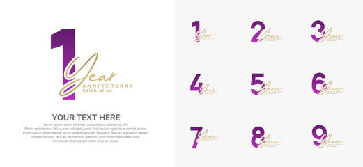 Anniversary logo set vector design, purple and gold for celebration event