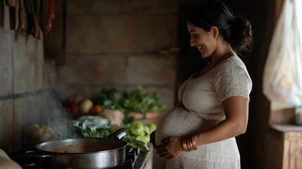 Maternal Serenity: pregnant Indian woman, grace of impending motherhood, portrayed in traditional clothing with cultural motifs, reflecting joy, significance of this special time in her life.