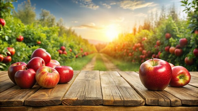 red apples on an empty wooden table with apple farm background