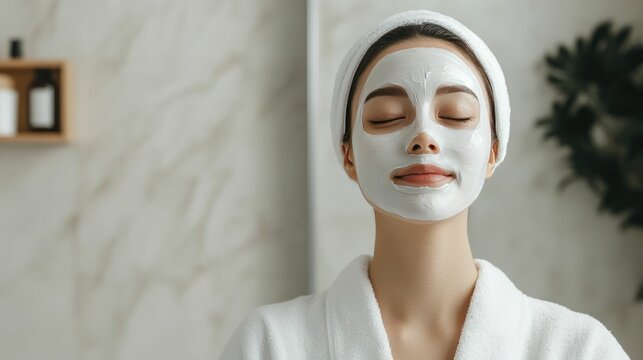 Close up portrait of a young Korean woman standing in front of a bathroom mirror eyes closed with a face mask on her skin  She is checking her complexion and engaging in a self care skincare routine