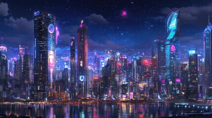 Obraz premium Futuristic City Skyline Glowing with Neon Lights Reflecting in Water at Night