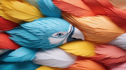 Fototapeta premium Colorful paper feathers forming a vibrant bird design, artistic and creative.