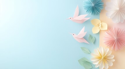 Obraz premium Colorful paper flowers and birds on a soft blue background, artistic decorative design.