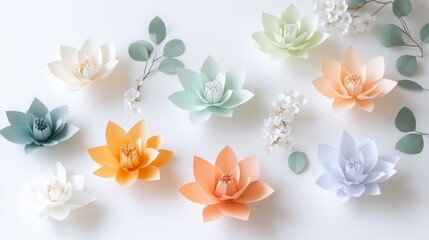 Obraz premium Colorful paper flowers arranged artistically on a white background.