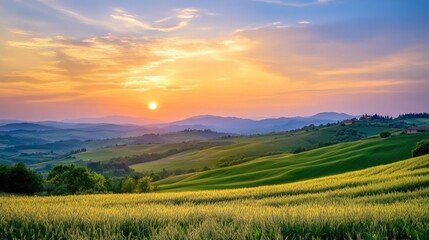 Golden Sunset Over Rolling Green Hills, Serene Landscape with Vibrant Colors, Breathtaking View of Nature