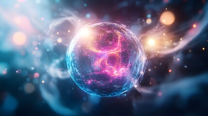 Obraz premium A stem cell glowing in shades of blue, pink, and yellow under a microscope, colorful lights casting reflections, smoke curling around the edges, highly detailed, futuristic illustration