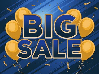 Fototapeta premium Big Sale Announcement with Gold Balloons and Confetti on Blue Background