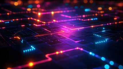 Naklejka premium An abstract grid of neon circuits in vivid colors, with a single glowing orange lamp, the black surface reflecting the radiant design, tech-inspired art