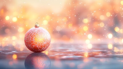 A single Christmas ball with intricate patterns, soft reflections on its surface, blurry background of twinkling fairy lights, warm festive atmosphere, watercolor, soft hues
