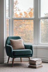 Cozy chair near window with autumn view