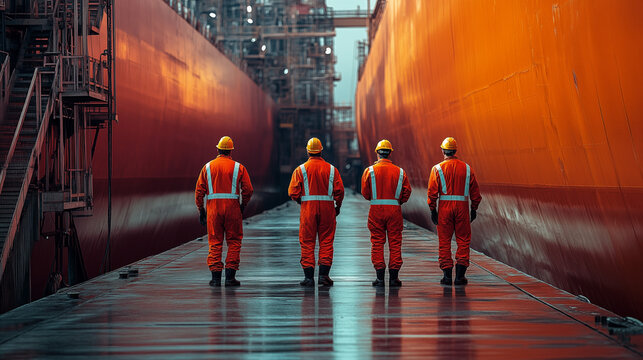 LNG terminal with workers overseeing tanker loading