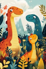 Three cartoon dinosaurs are standing in a jungle. One of them is a baby dinosaur. The other two are larger dinosaurs