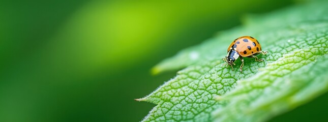 A close-up of a ladybug on a green leaf with a blurry background.