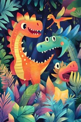 Obraz premium Whimsical Cartoon Dragon and Dinosaur Friends Banner for Kids' Spaces