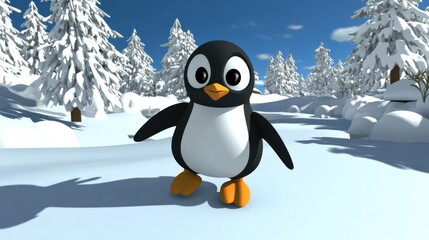 Cute Cartoon Penguin in Winter Wonderland