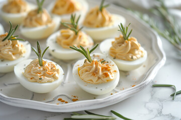  Classic deviled eggs appetizer topped with fresh rosemary for a unique touch