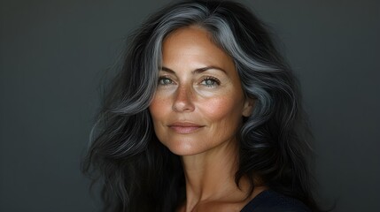 Aging woman with thinning gray hair and prominent age spots, transforming into a younger version with shiny dark hair and flawless, glowing skin © Alpha