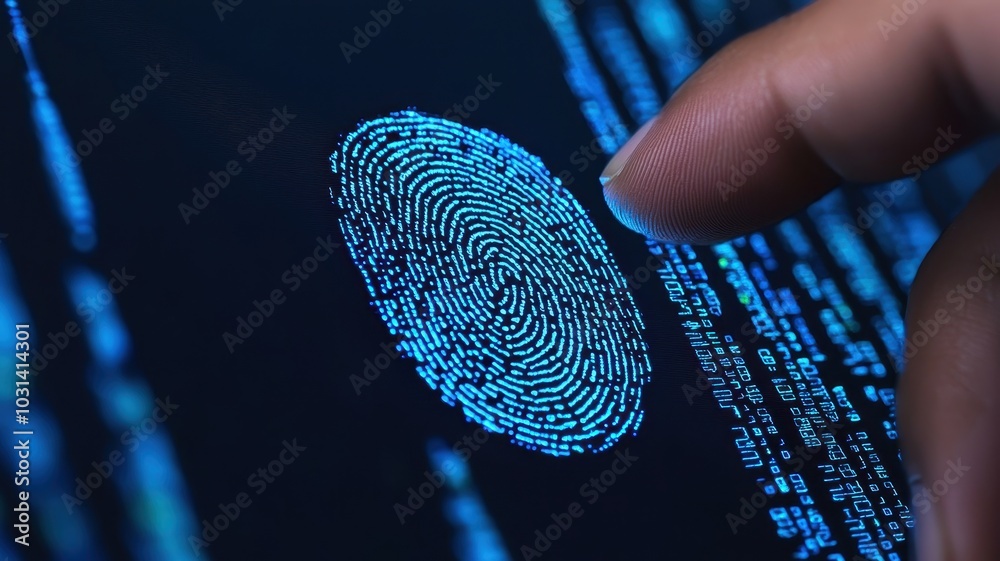 Poster fingerprint hovering above a computer screen filled with code, protected by security layers, privacy