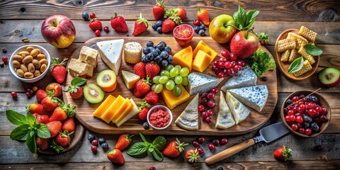 Fresh Fruits, Sweets, and Cheeses Arrangement on Wooden Board - Perfect for Culinary Inspiration and Food Photography