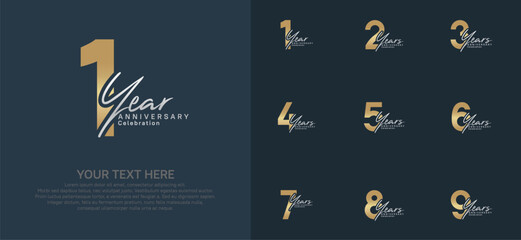 Anniversary logo set vector design, gold and silver color for celebration event