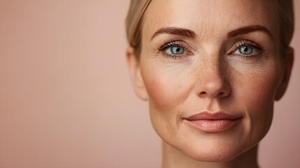 Aging senior woman with sagging skin and wrinkles, transitioning to a fresh, plump, youthful face with glowing, wrinkle-free features