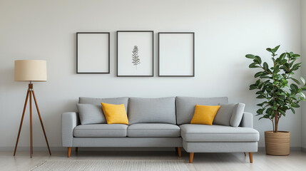 Modern living room with gray sofa and lamp