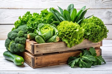 Fresh Green Vegetables in Wooden Box - Organic Produce Collection for Healthy Living